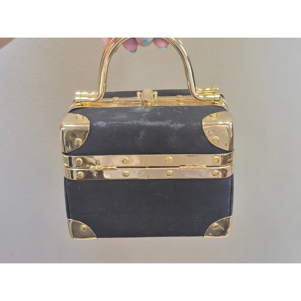 La Regale Vintage Black Velvet Trunk Box Bag Gold Hardware Evening Purse Handbag